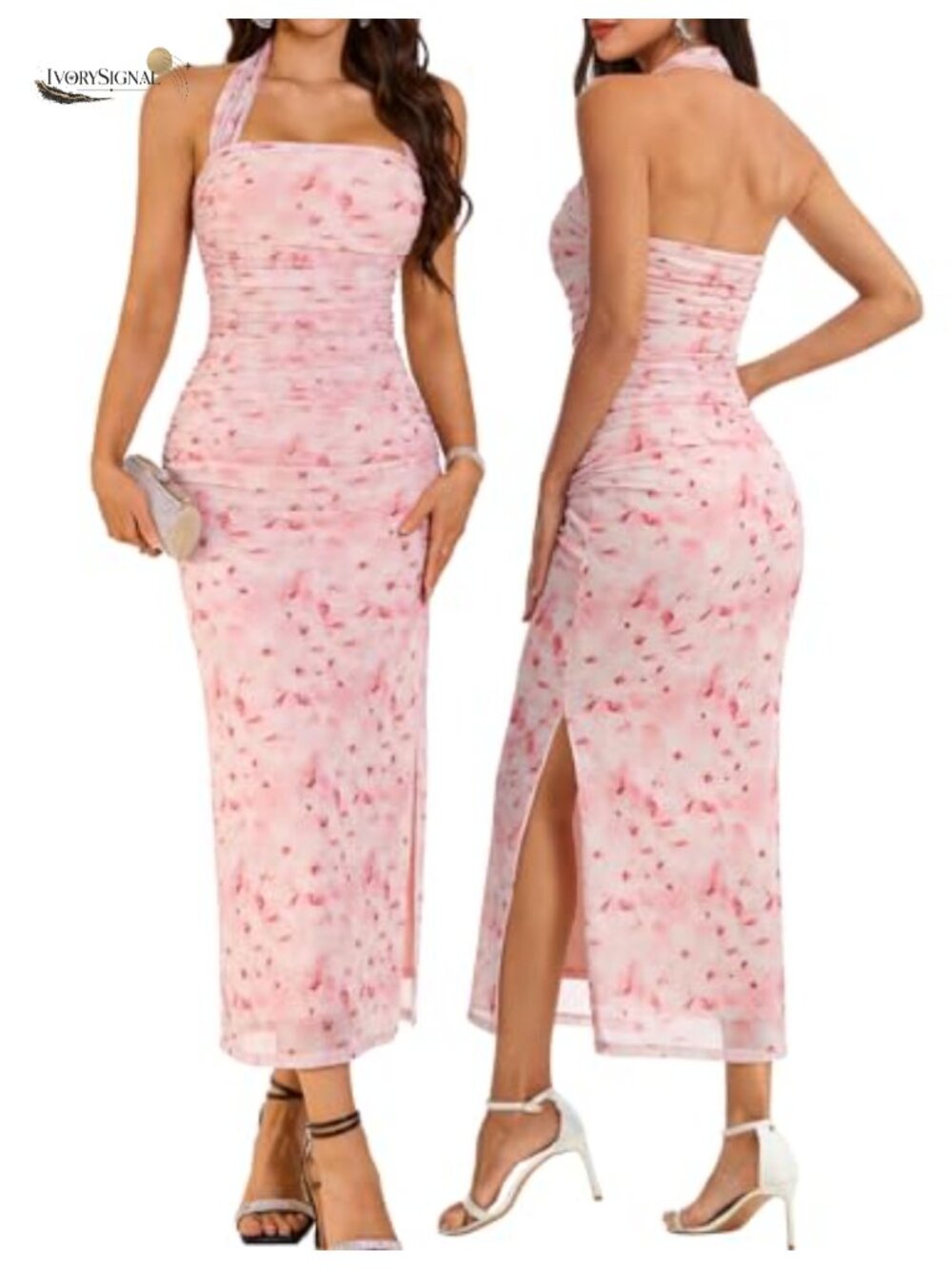 DRESSTELLS Sparkly Halter Maxi Dress Bodycon Formal Wedding Guest